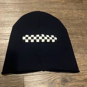 Navy Cotton Lightweight Slouchy Beanie with Black & White Checker Stripe